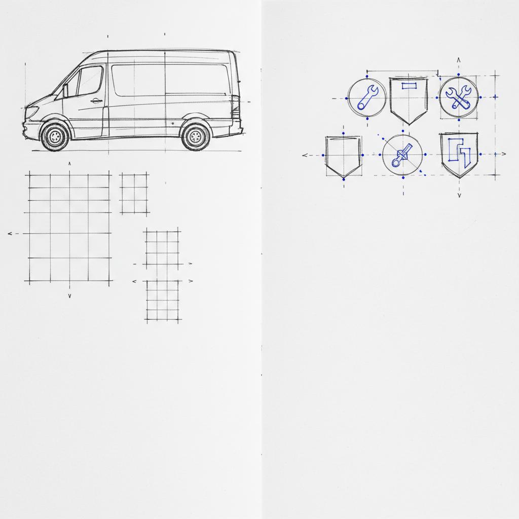 Close-up sketchbook page with rough logo placements and van side-panel mockups for a plumbing slogan concept, dark gray sketches and #1a5bfb accents on white background.