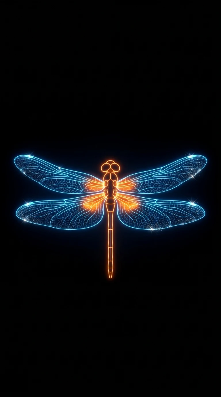 Minimalist Glowing Neon Blue and Orange Dragonfly on Black - Free 4K mobile Wallpaper