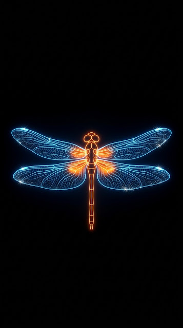 Minimalist Glowing Neon Blue and Orange Dragonfly on Black - Free mobile Wallpaper