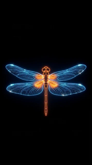 Minimalist Glowing Neon Blue and Orange Dragonfly on Black