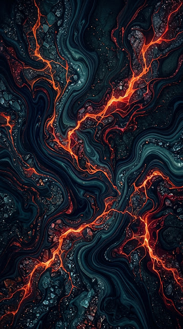 Abstract Marbled Fluid Texture in Deep Blue with Glowing Orange Veins - Free mobile Wallpaper