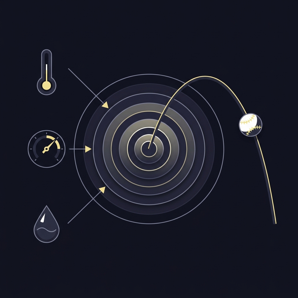 Minimalist 2D vector diagram showing How Weather Influences Baseball Scoring with temperature pressure and humidity arrows converging on air density and a flying baseball trajectory on dark brand background