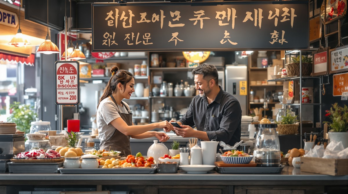 2025년 국가유공자 보상금 복지 서비스 확대를 체험하는 가족과 유공자가 지역 소상공인 매장에서 보훈 마켓 앱으로 할인 결제를 받고, 매장 주인과 친절하게 상담하는 모습