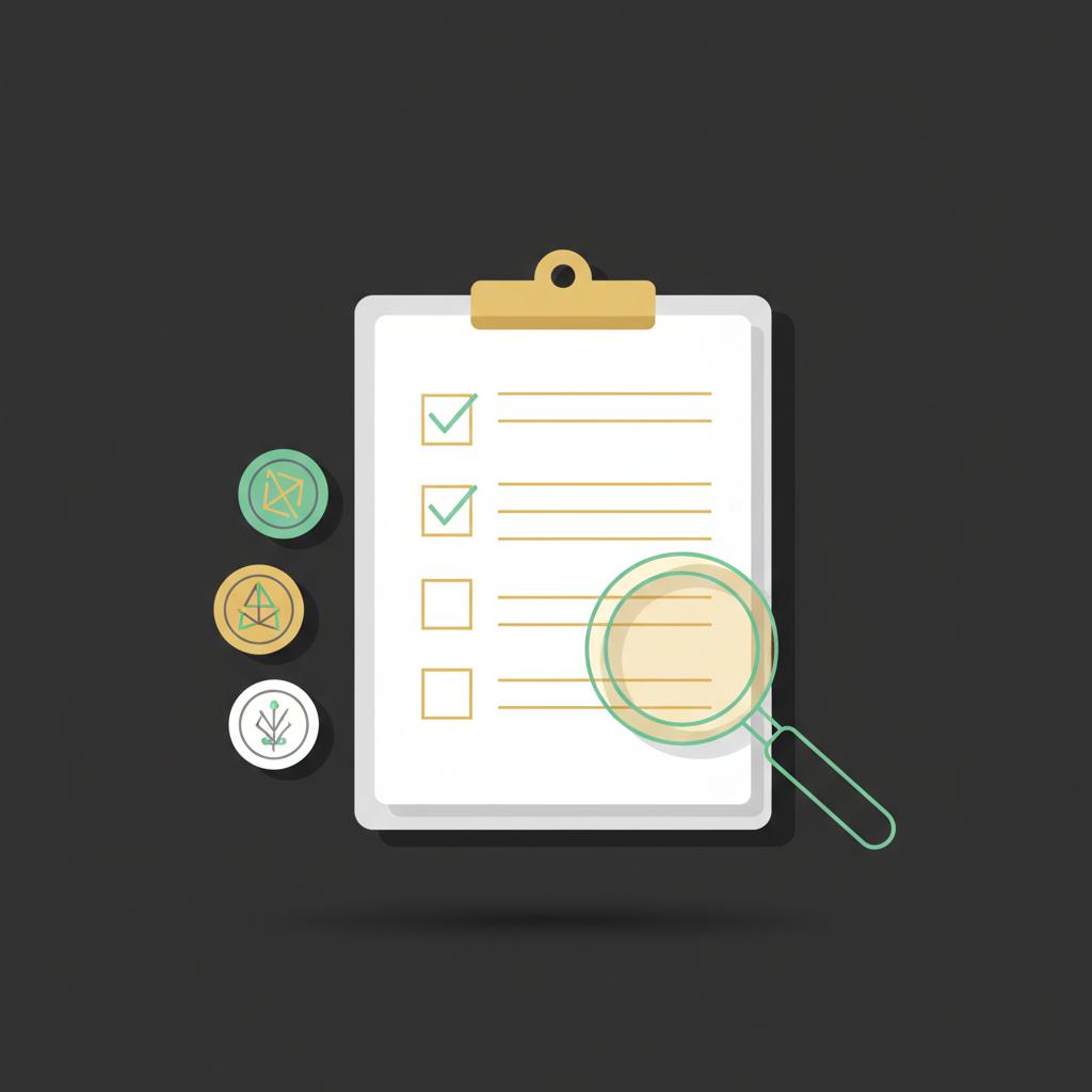 Minimal flat vector clipboard checklist with magnifying glass and stylized crypto tokens in Finance Police colors illustrating crypto roth ira due diligence