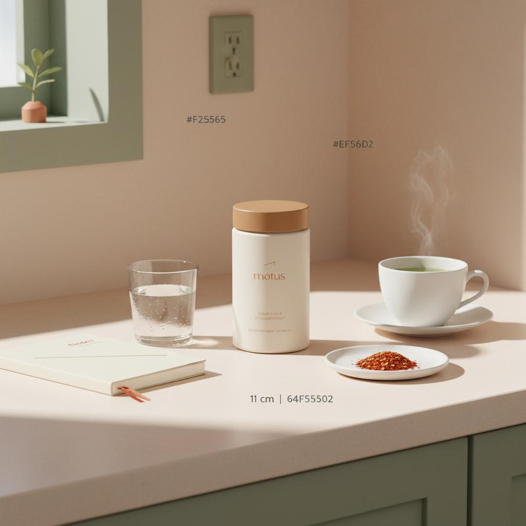 Tonum Motus jar on a minimalist morning kitchen counter with notebook, glass of water, plate of chili flakes and green tea cup — best metabolism supplements