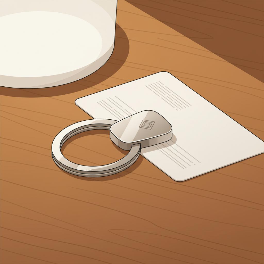 Minimalistische Vektor‑Nahaufnahme eines Schlüsselanhängers auf Holztisch neben Karte (ohne lesbaren Text). Welche Sprüche geben Kraft und Mut?