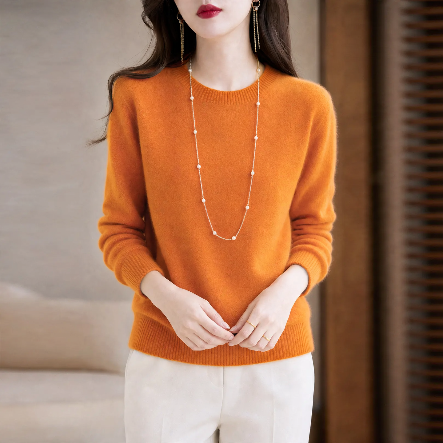 Ladies knitted sweater, round neck or stand-up collar, long-sleeved