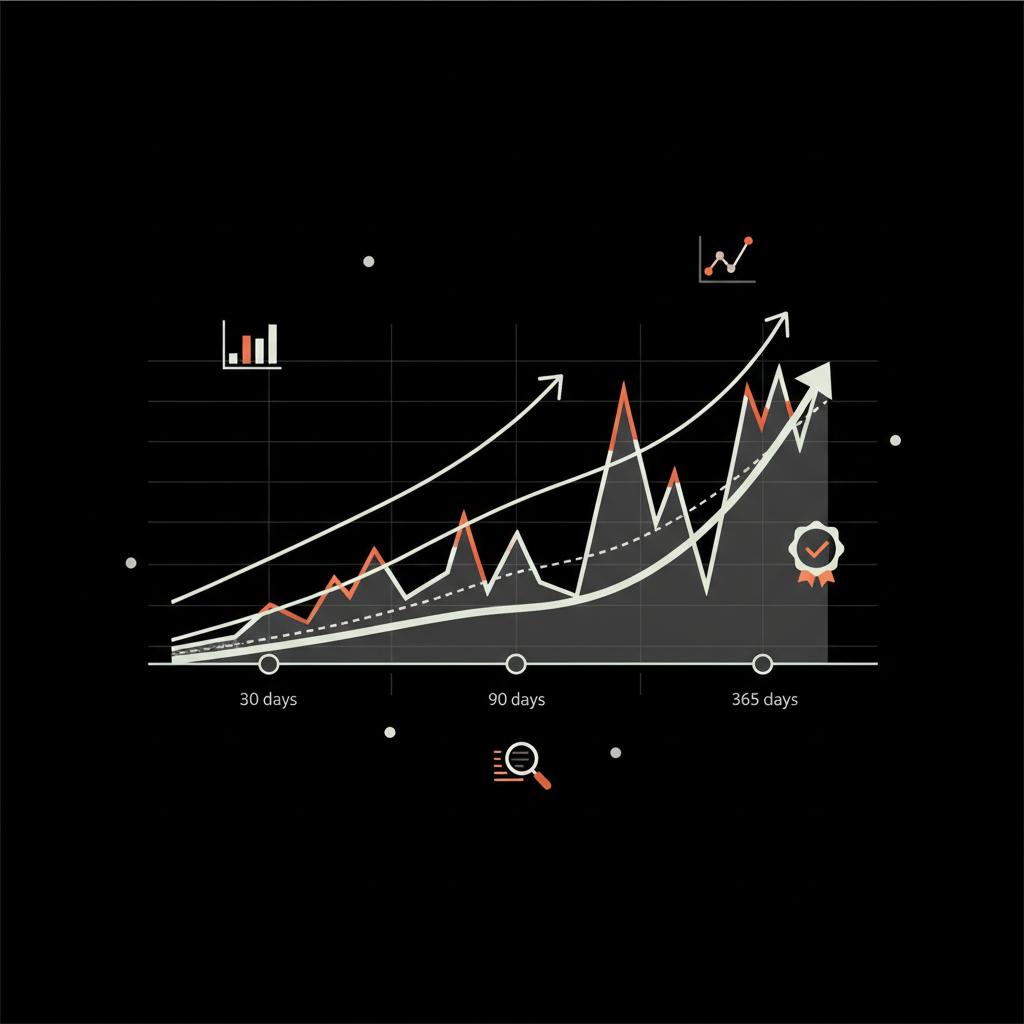 Minimalist 2D vector timeline graph (30/90/365-day) analytics infographic with steady curve and occasional spikes and a small verified badge — who is the most followed verified person on TikTok