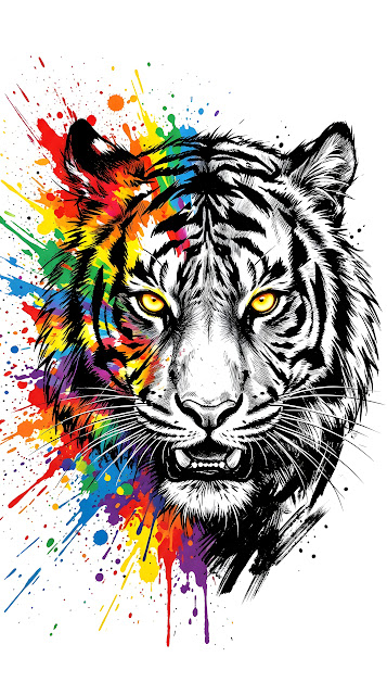 Abstract Tiger Head Illustration with Vibrant Rainbow Paint Splashes on White - Free mobile Wallpaper