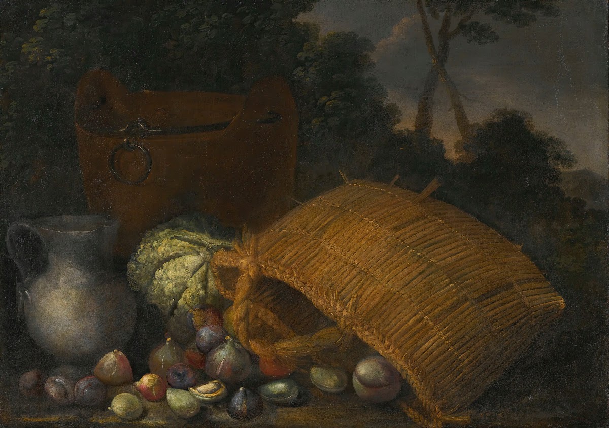 An overturned basket with fruit and vegetables
