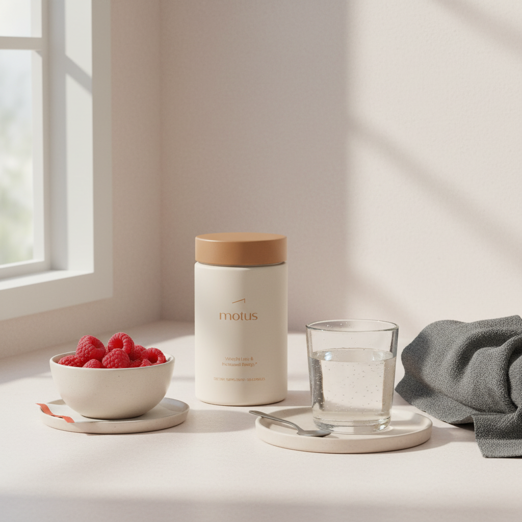 Morning kitchen scene with Motus supplement jar beside fresh raspberries, a glass of water and a towel — how long to lose weight with raspberry ketones