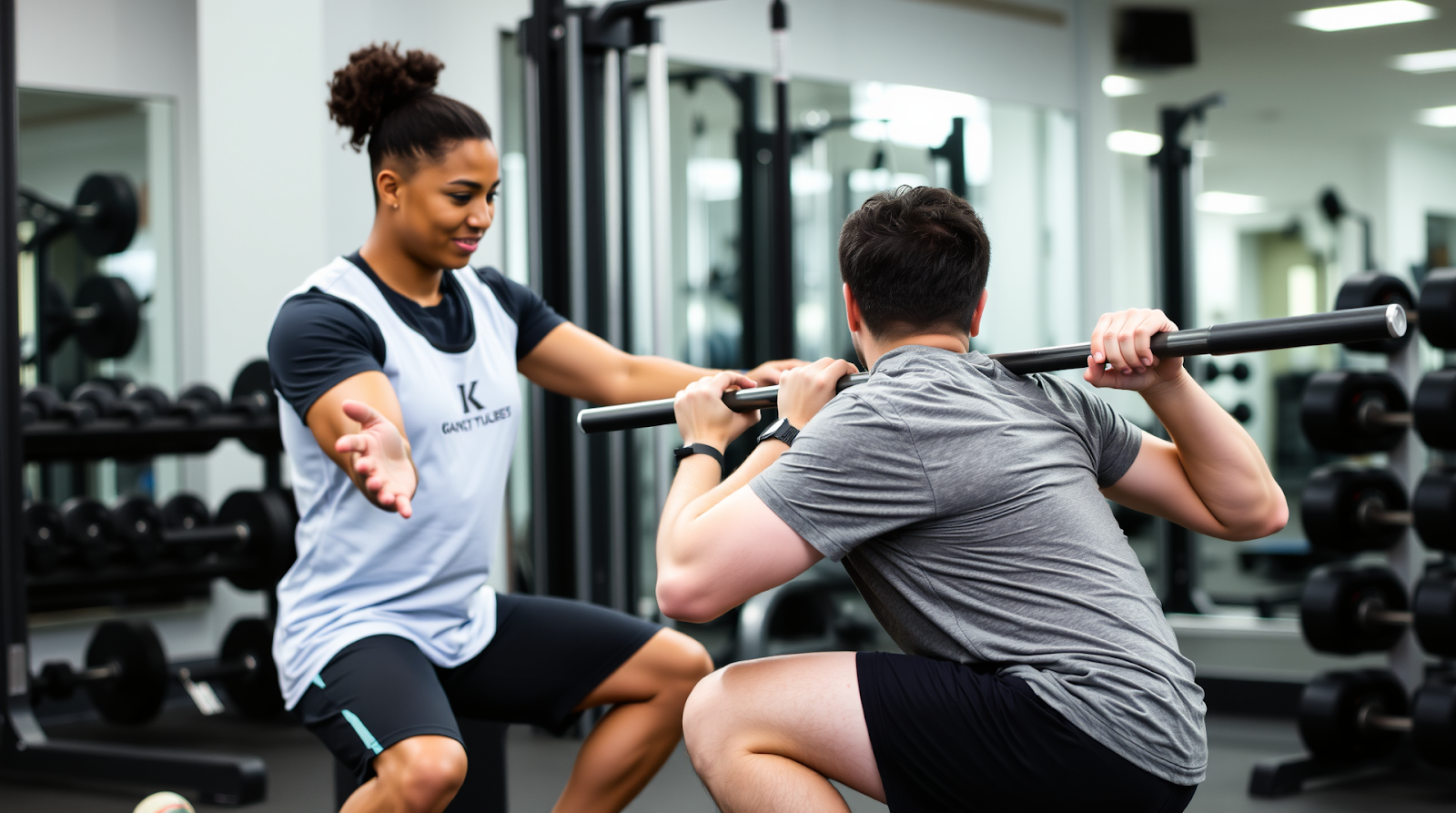 A personal trainer demonstrating correct squat form to a client in a gym setting.