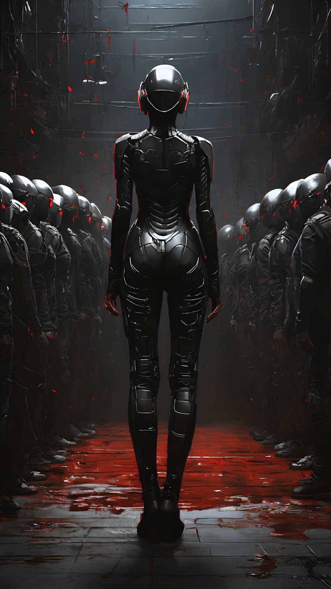 Cyberpunk Female Soldier in Black Armor Red Floor Scene - Free 4K mobile Wallpaper