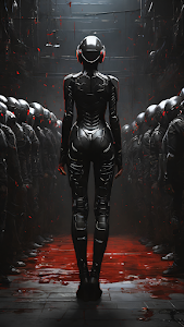 Cyberpunk Female Soldier in Black Armor Red Floor Scene