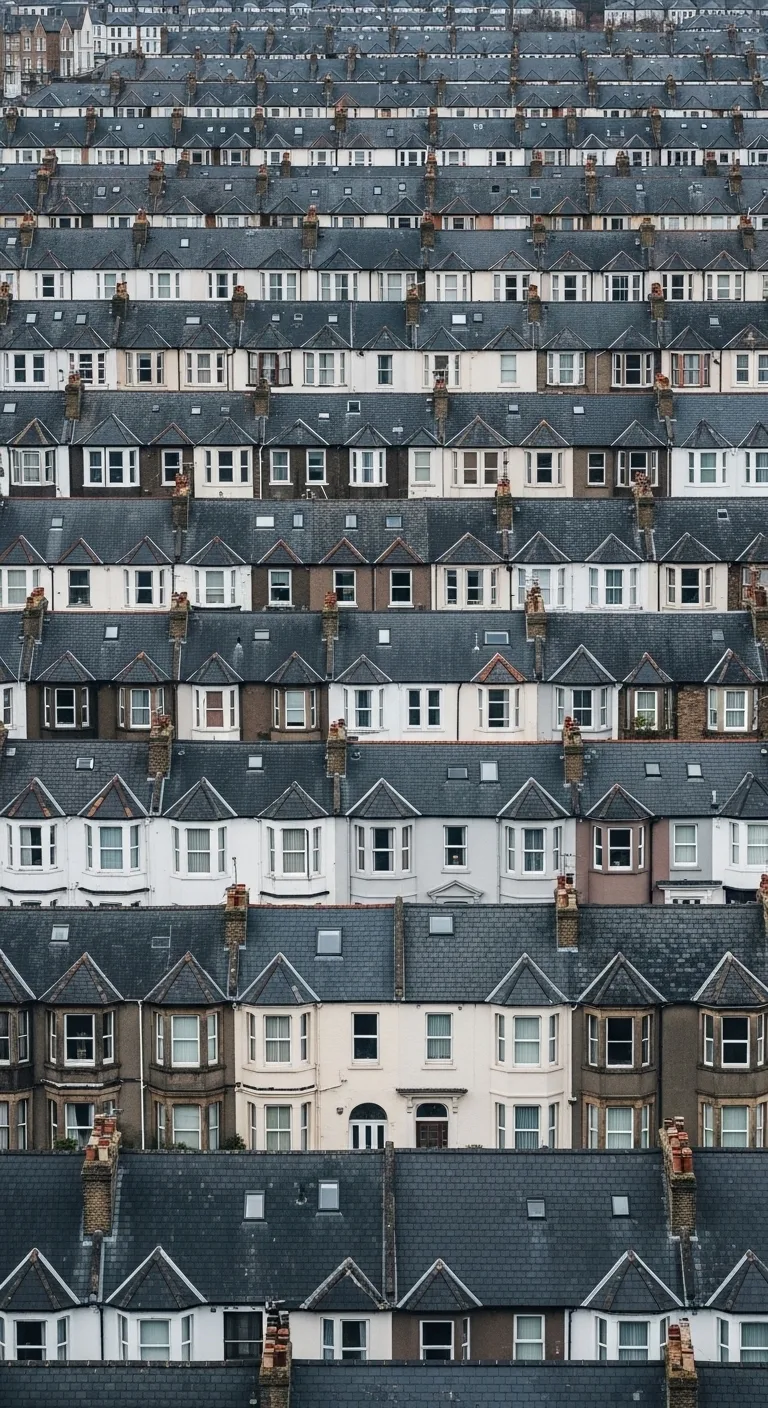 High Aerial View of Dense, Repetitive Rows of European Terraced Rooftops and Houses - Free 4K mobile Wallpaper