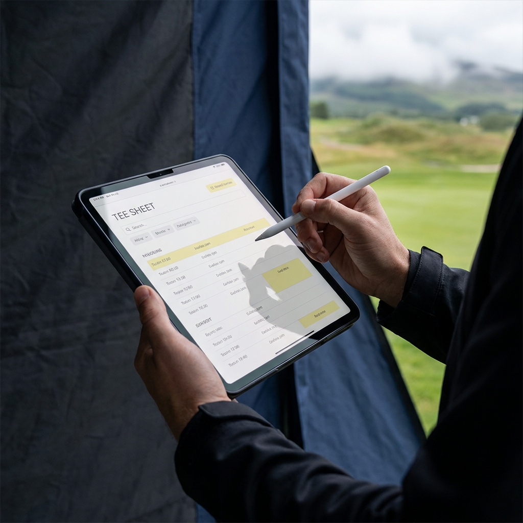Close view of a golf starter updating a digital tee sheet on a tablet with clouds gathering over a nearby course illustrating How Weather Draws Affect Golf Tournaments