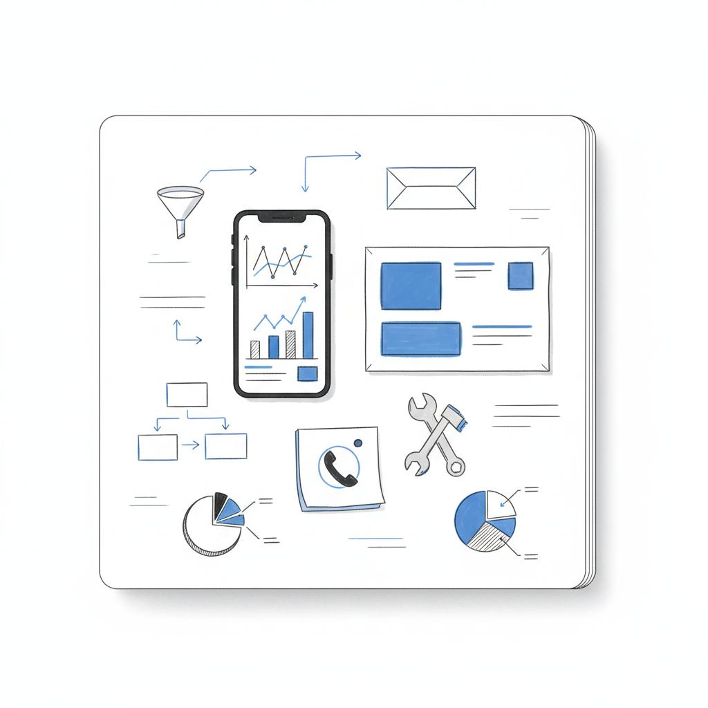 Top-down full-frame illustration of a small business toolkit on a white notebook page with smartphone analytics, mailer mockup, sticky note phone tracking icon, wrench and tape for local service marketing