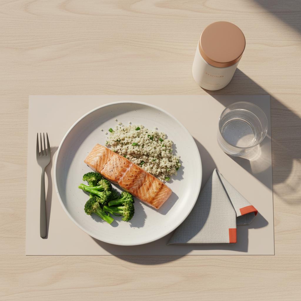 Top-down kitchen photo of grilled salmon with quinoa and steamed broccoli, a glass of water and a Tonum Motus container placed subtly, minimalist scene showing how to stop hunger cravings.