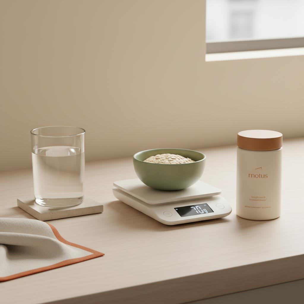Motus supplement jar on a kitchen counter beside a digital food scale, measured oats bowl and glass of water, illustrating unexplained weight loss causes