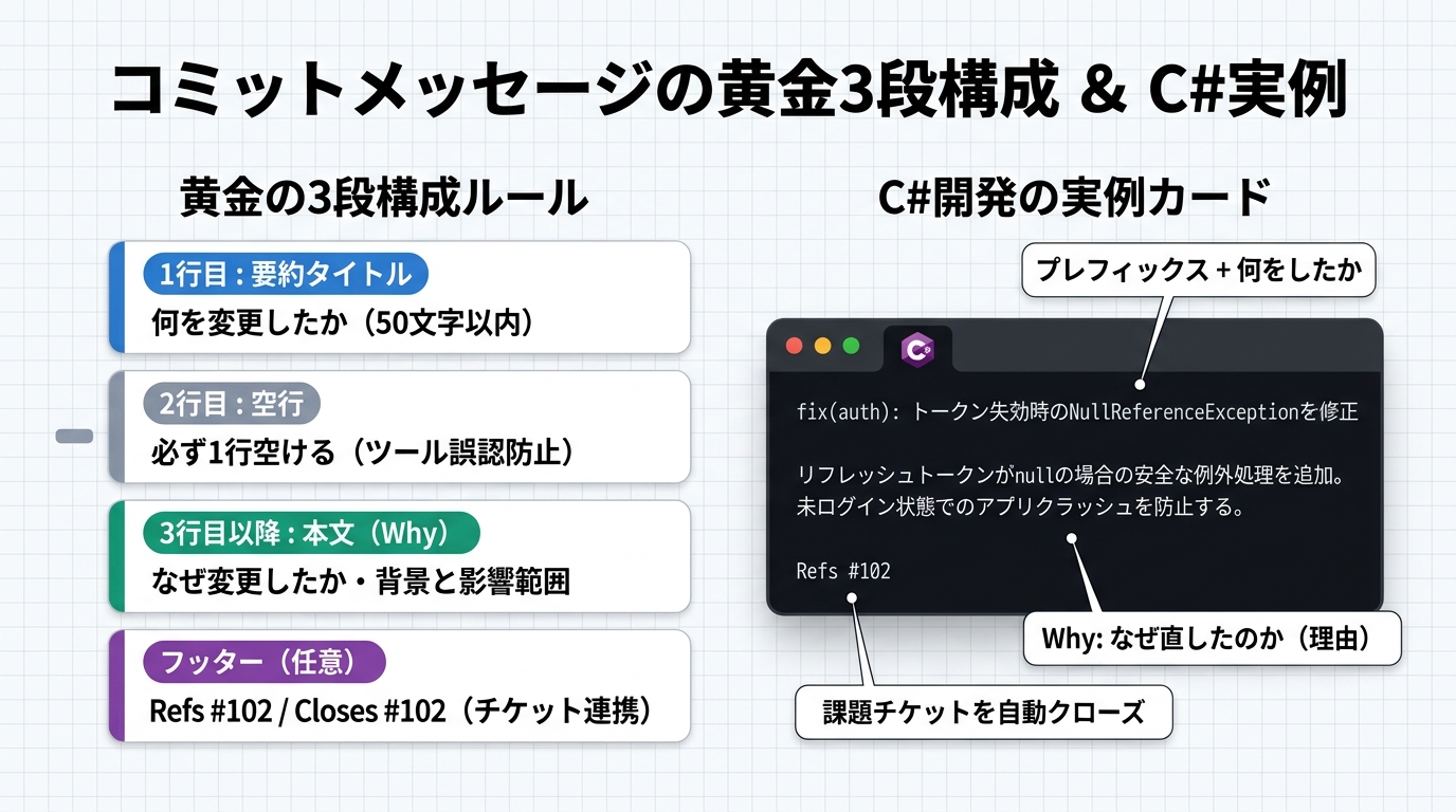 コミットメッセージの黄金3段構成 ＆ C#実例