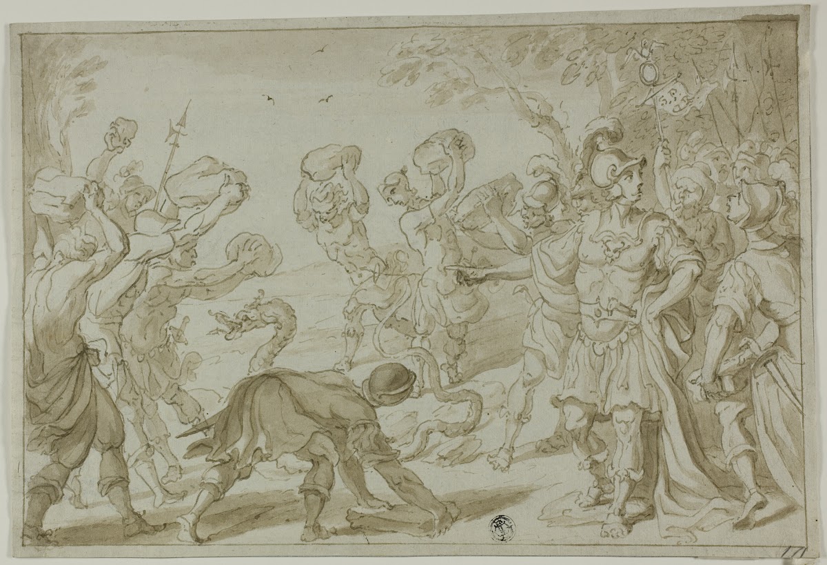 Roman Soldiers Stoning a Serpent