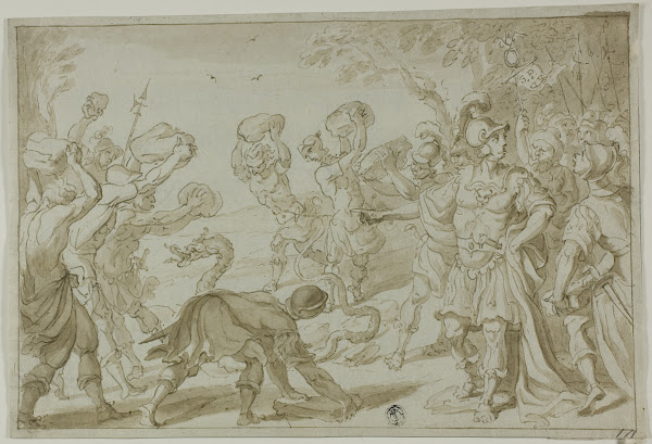 Roman Soldiers Stoning a Serpent