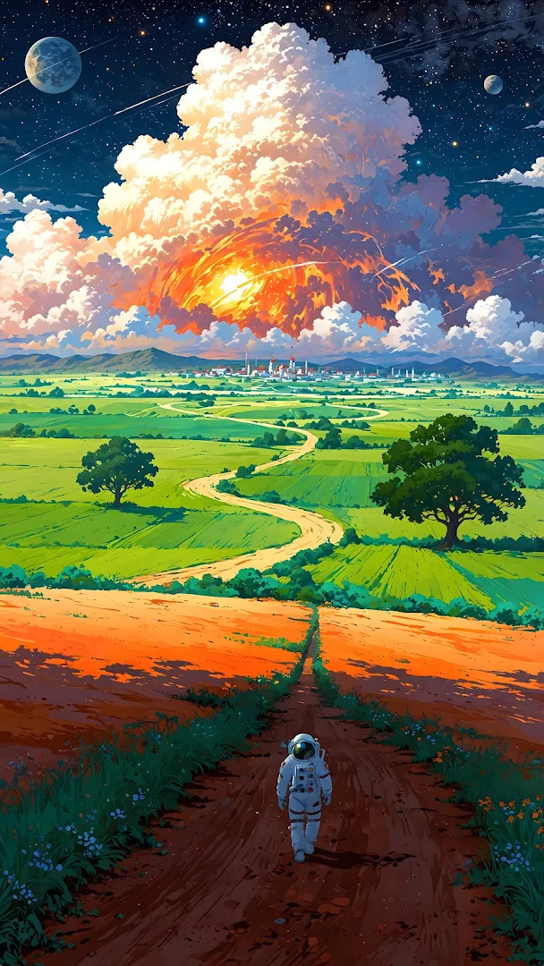 Astronaut Surreal Landscape, Vibrant Explosion Sky Art