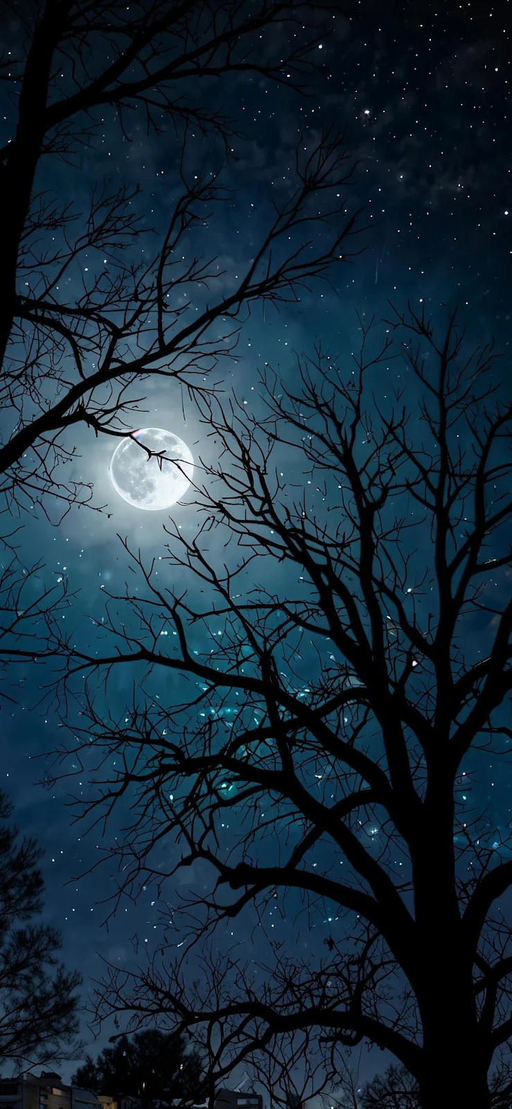 Full Moon Behind Bare Trees - Night Photography Full HD iPhone Wallpaper (1168x2530)