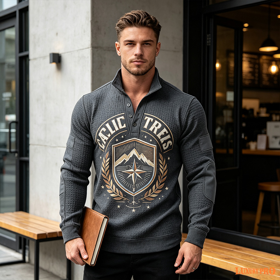 AOP Waffle Knit Three-Button Casual Stand Collar