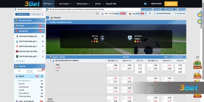 Tỷ lệ kèo Pisa vs Calcio Como 21h00 ngày 06/01/2026