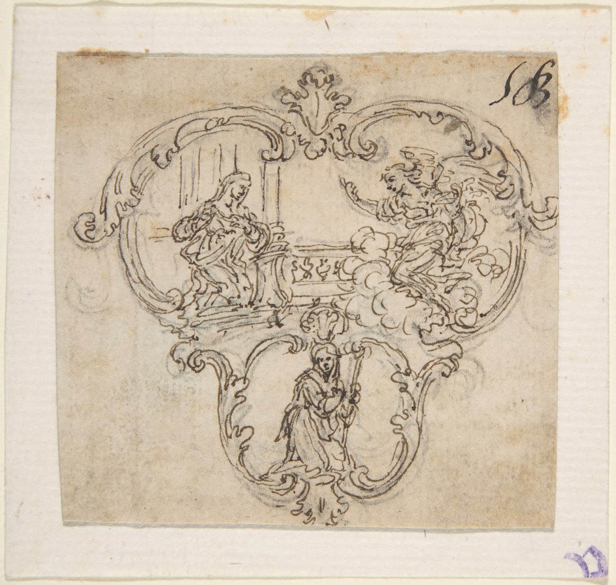 Design for a Cartouche with an Annunication above and a Kneeling Figure with Sta