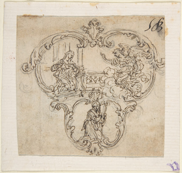 Design for a Cartouche with an Annunication above and a Kneeling Figure with Sta