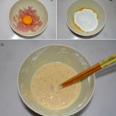 Để làm bánh bột mì trước tiên cần đập trứng gà vào chén thịt heo bằm, đánh đều. Sau đó, cho bột mì vào, thêm 1/2 muỗng cà phê muối, 1/4 muỗng cà phê rượu trắng vào, trộn đều.