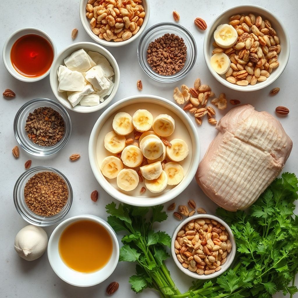 Ingredients for Creamy Banana Caramel Nut Cheesecake Recipe – Easy Homemade Dessert in 40 Min