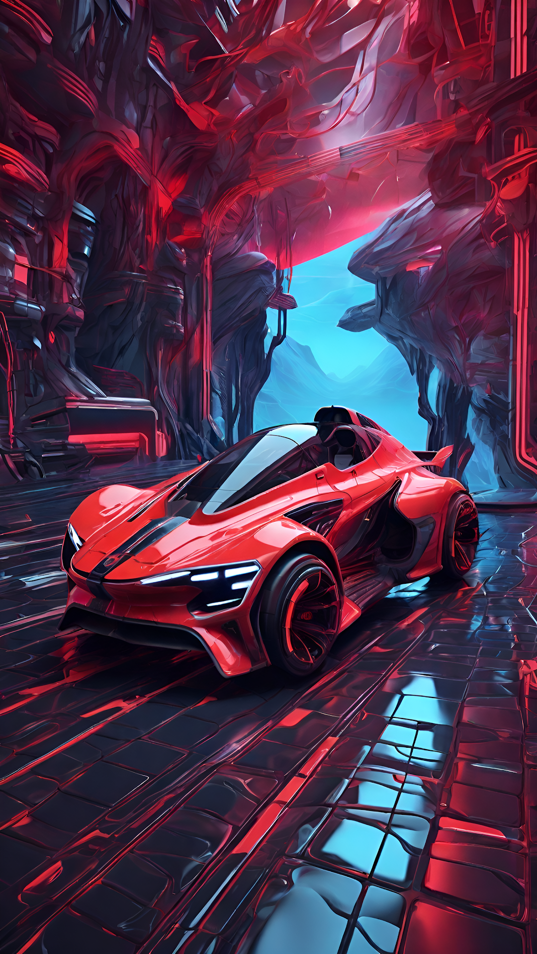 Red Futuristic Sports Car in Cyberpunk Neon Garage Scene - Free 4K mobile Wallpaper