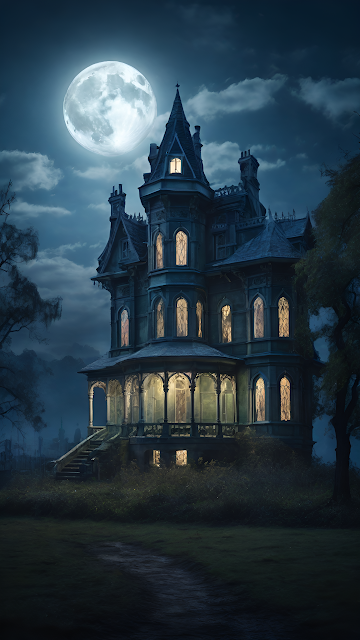 Eerie Victorian Gothic Mansion Under Full Moon Night - Free mobile Wallpaper