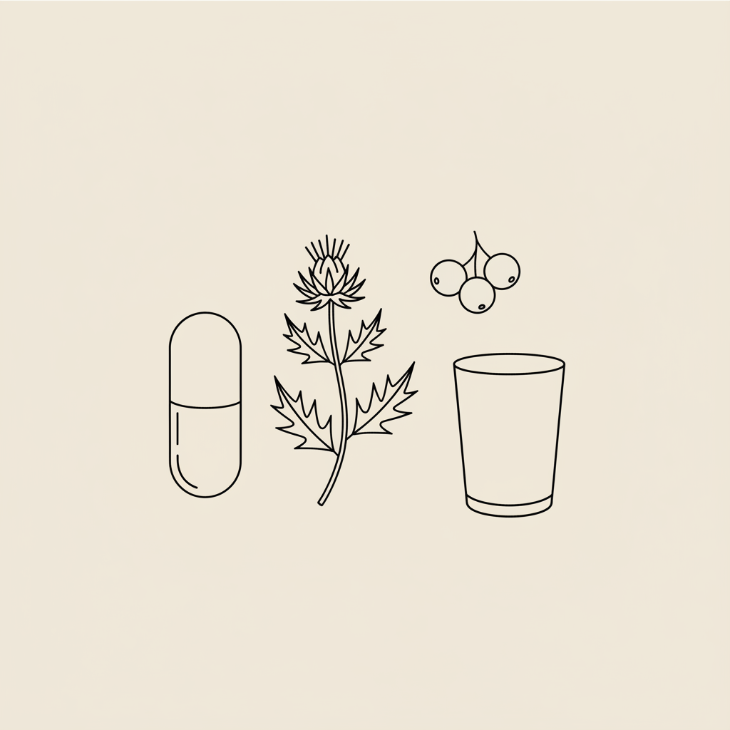 Minimalist line illustration of a capsule, milk thistle sprig, berry cluster, and water glass on a beige background for fat loss supplements
