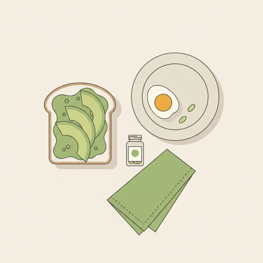 Frühstück Schwangerschaft: minimalistisches 2D-Vektor-Stillleben mit Avocado‑Toast, halbiertem weich gekochtem Ei, unbeschrifteter Flasche mit Algenöl‑Kapseln und salbeigrüner Serviette.