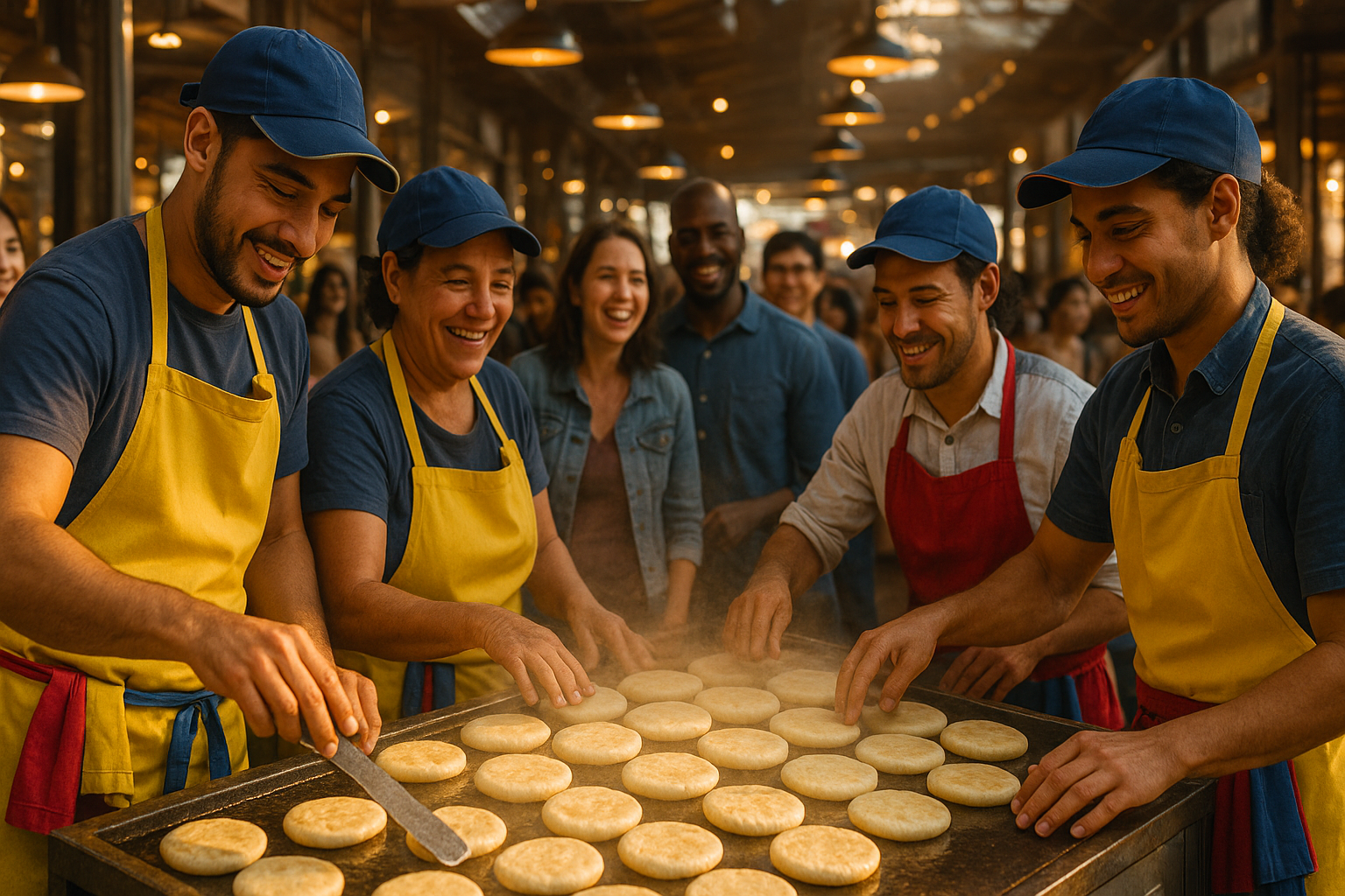 Emprendedores venezolanos atendiendo un puesto de arepas en un mercado
