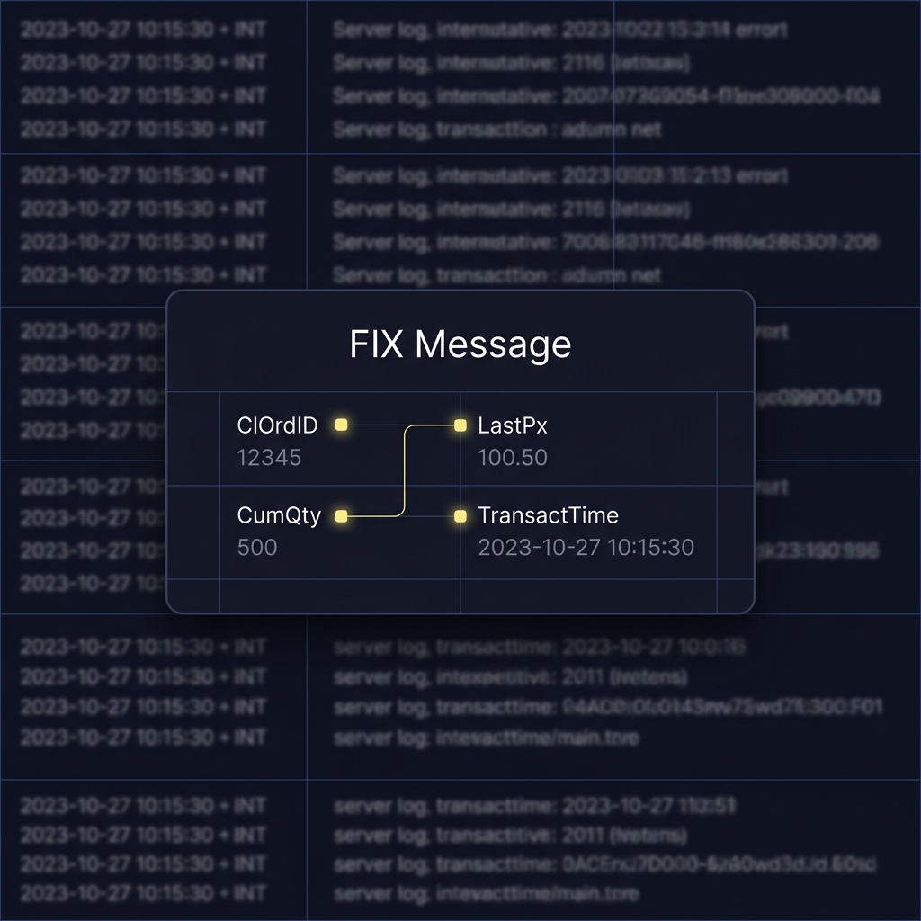 How to Compare Planned Trades with Actual Execution simplified full frame FIX message diagram over server log background showing ClOrdID LastPx CumQty TransactTime in a minimalist dark brand palette