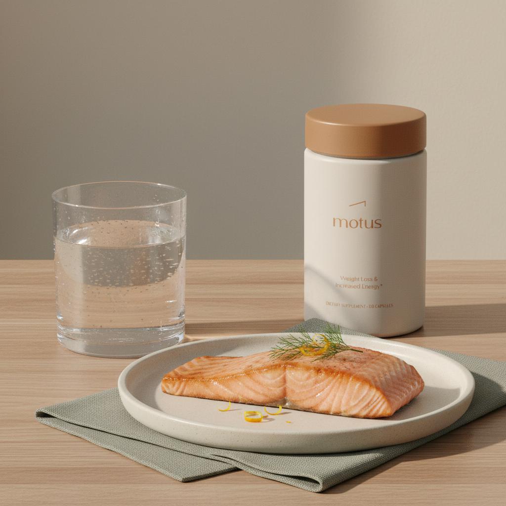 Minimal close-up of glass of water, plate with fatty fish and Tonum supplement container on light wooden surface, highlighting nourishing choices for brain composition and hydration