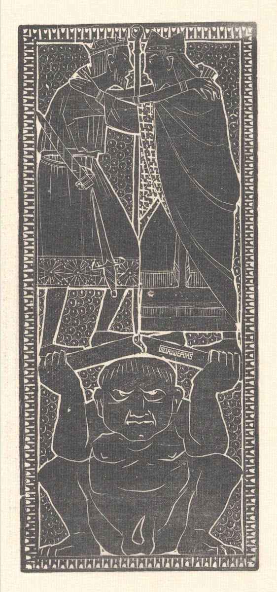 Gehurkte figuur en twee gekroonde mannen 1894