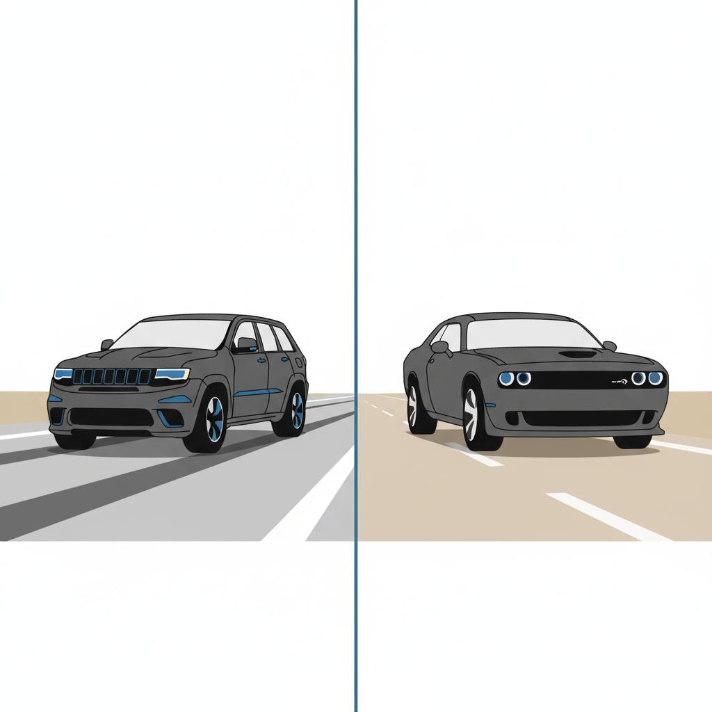 Minimalist 2D vector split screen showing a trackhawk for sale on a drag strip and an SRT 392 on a dry road with white background and blue 3666ed accents