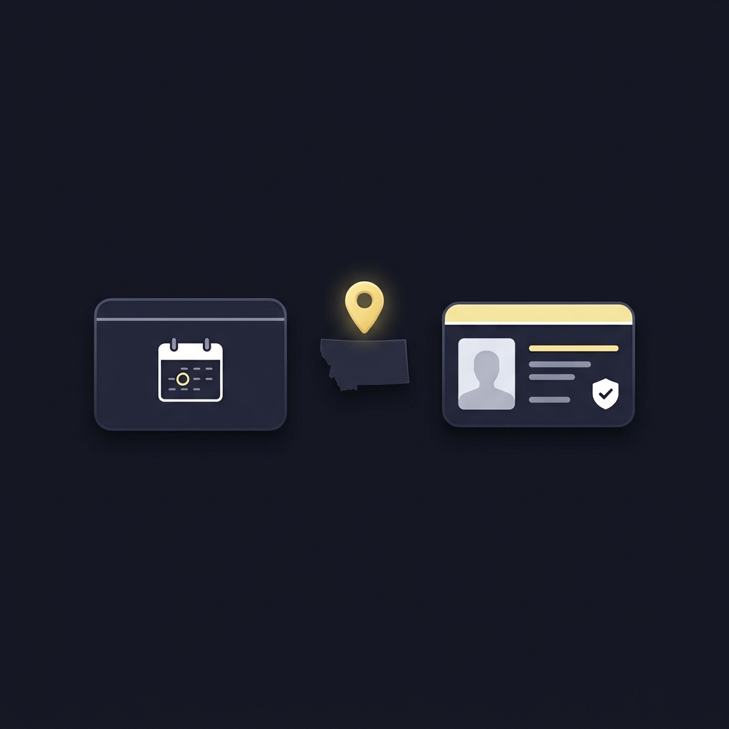Minimalist illustration of a calendar and ID card with a map pin over a state silhouette representing age verification for legal sportsbooks on a Funded Plays dark brand background
