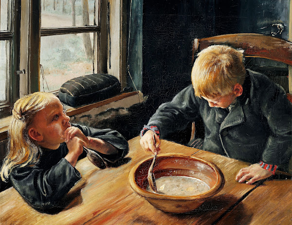 En Dreng og en Pige ved Middagsmaden 1884