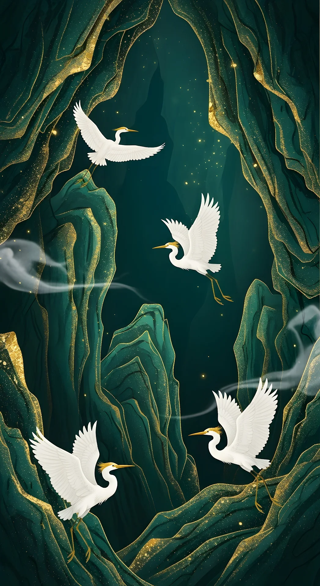 Emerald Mountain Passage with Flying Egrets and Gold Dust - Free 4K mobile Wallpaper