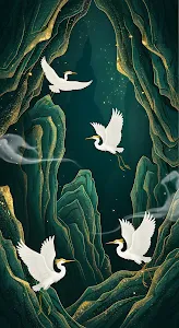 Emerald Mountain Passage with Flying Egrets and Gold Dust