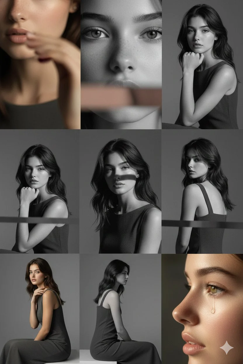Fotografía editorial con cuadrícula de 3x3 y características de personajes.