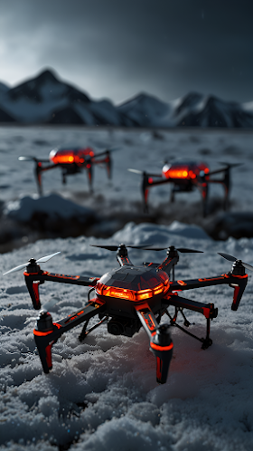 Futuristic Drones Illuminated in a Snowy Landscape