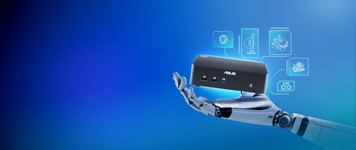 로봇 손이 ASUS NUC 16 Pro 미니 PC를 잡고 있는 모습, 배경에 AI/성능 하이라이트 패널